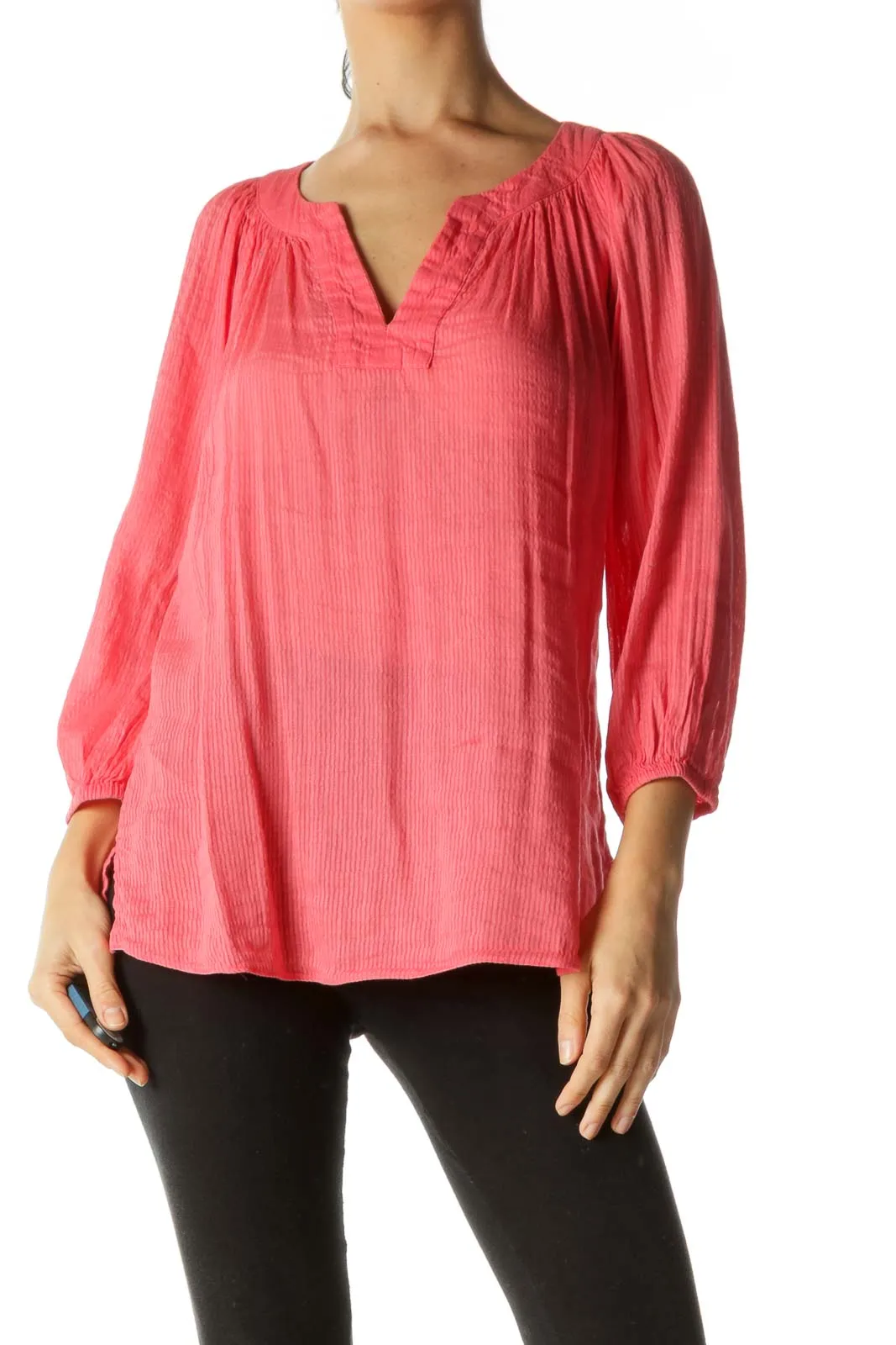 Coral Pink V-Neck Linen Blend Tunic Top