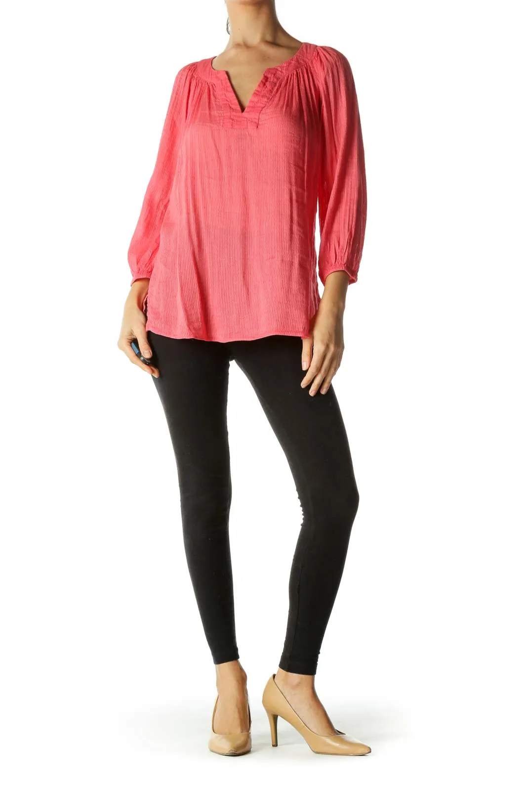 Coral Pink V-Neck Linen Blend Tunic Top