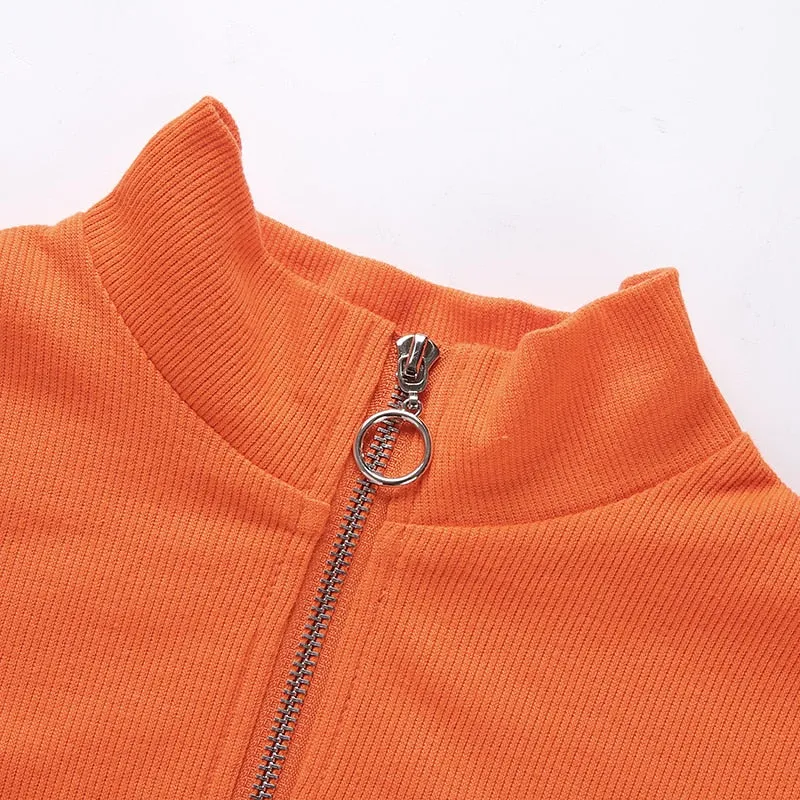 Crop Top Orange Sexy Korean Fashion Knitted Turtleneck Long Sleeve