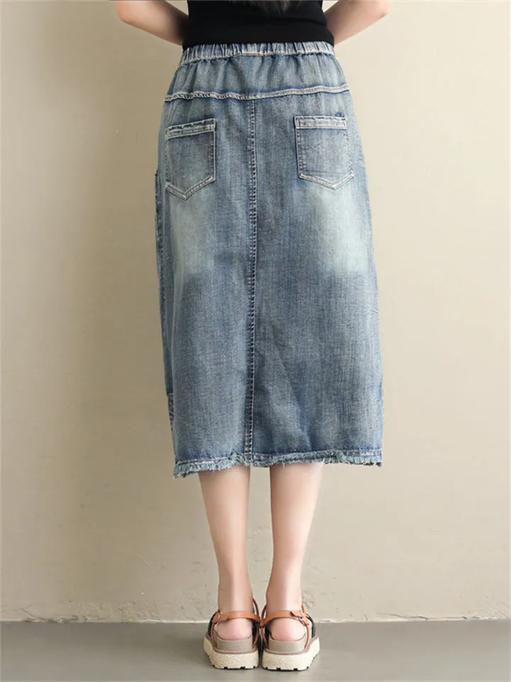 Denim Embroidery Long Skirts