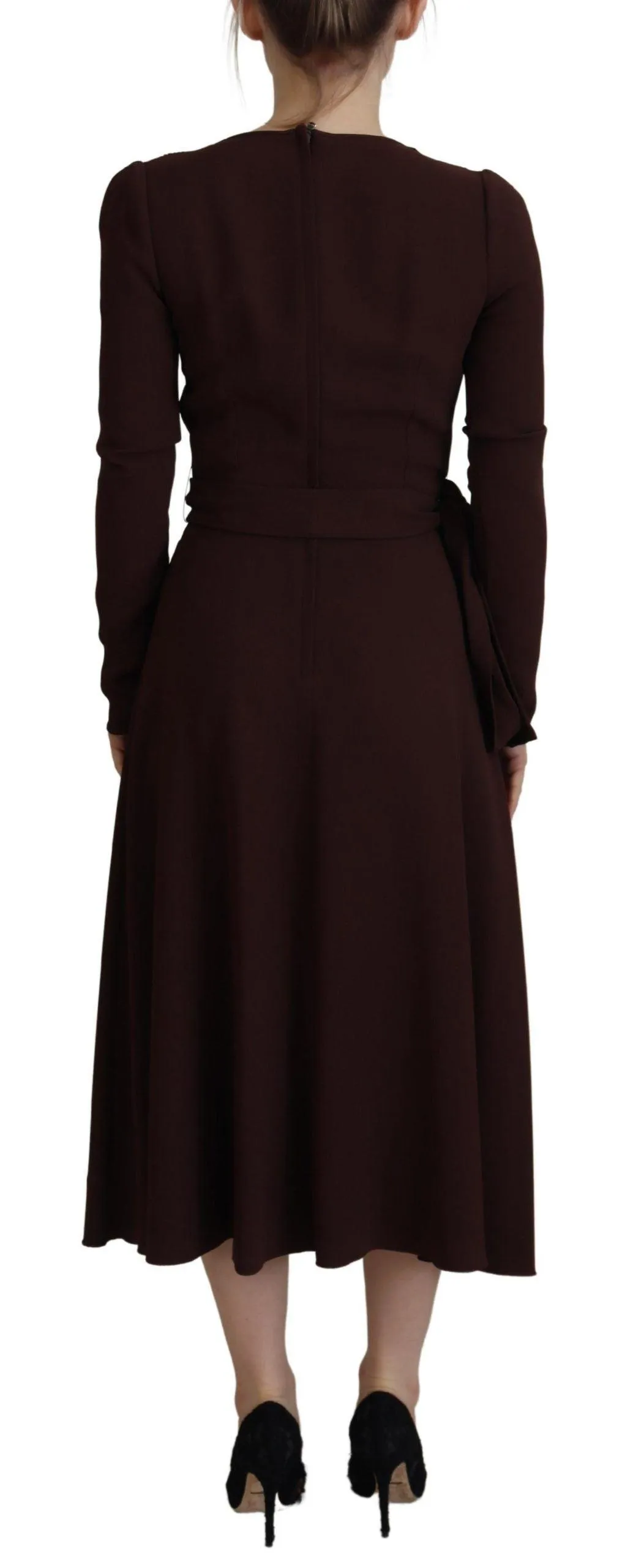 Dolce & Gabbana Brown Wrap Long Sleeve Midi Stretch Dress