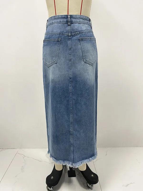 Edgy Distressed High-Low Denim Skirt with Frayed Hemline