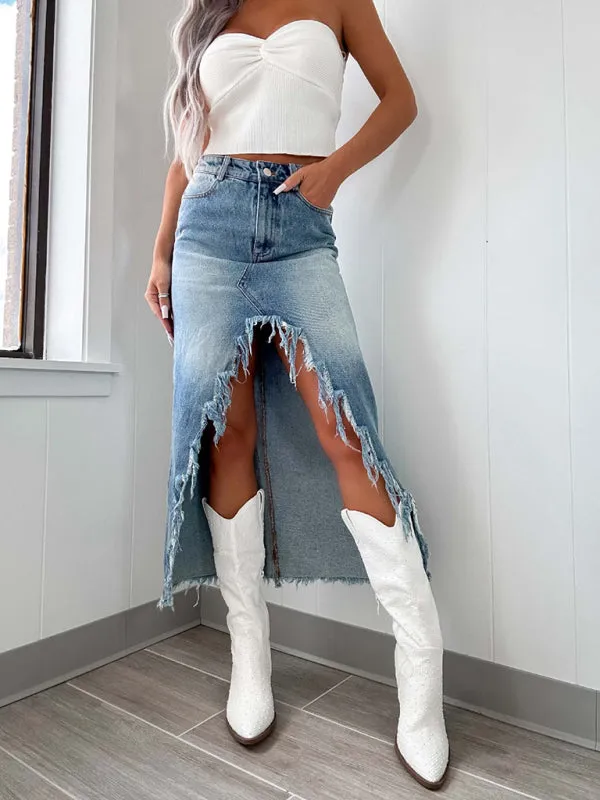 Edgy Distressed High-Low Denim Skirt with Frayed Hemline