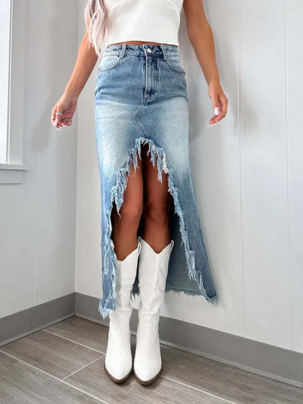 Edgy Distressed High-Low Denim Skirt with Frayed Hemline