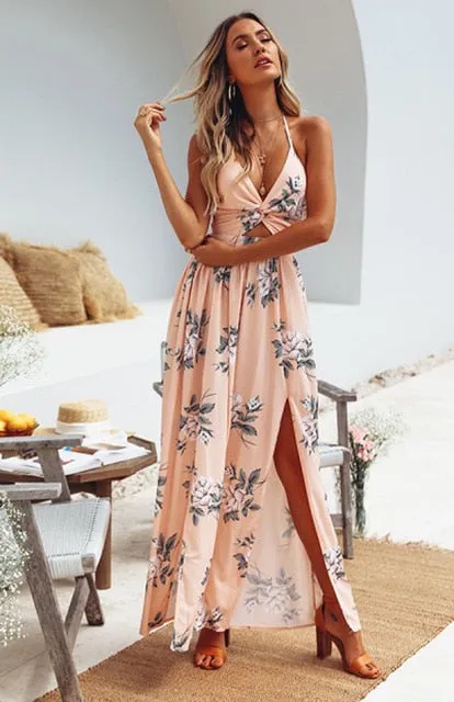 Elegant V-neck Split Sleeveless Maxi Dress