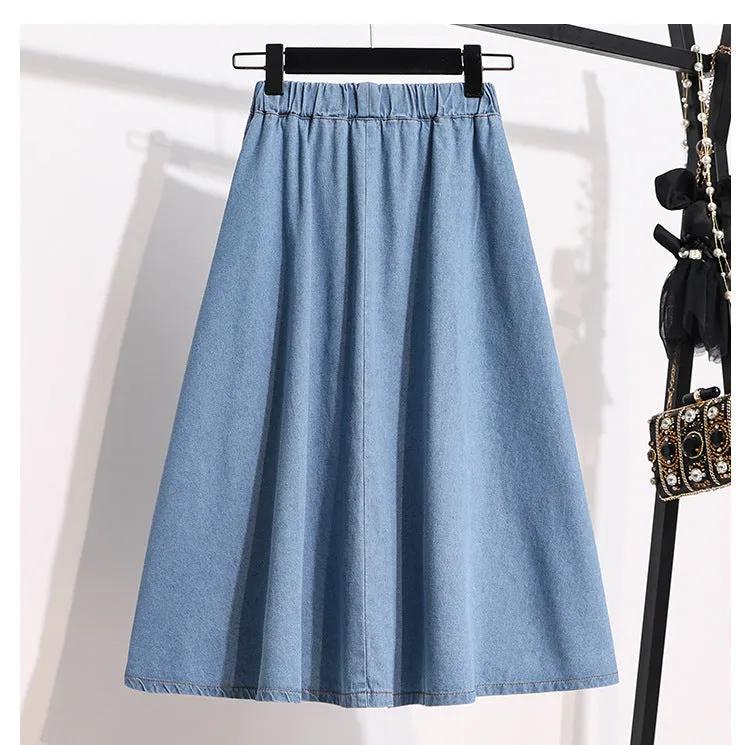 Fashion Elastic Waist A-Line Denim Skirts Single-Breasted Decorate High Waist Midi Wholesale Skirts