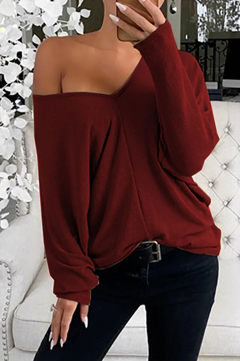 Fashion Street Solid Patchwork V Neck Tops(6 colors)