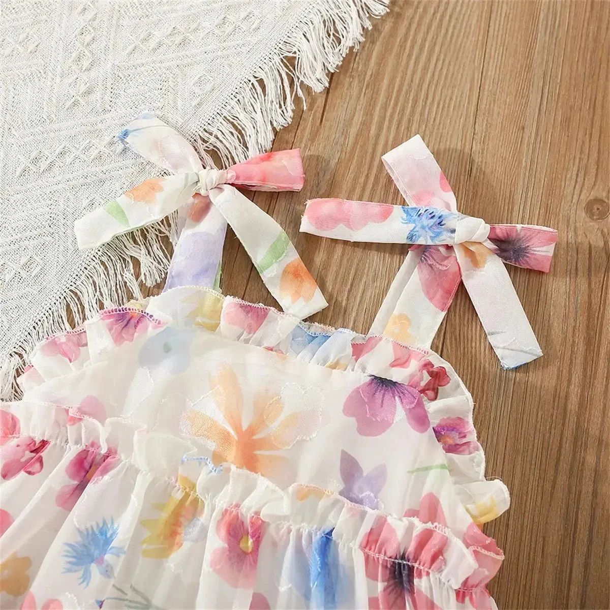 Floral Pink and Beige Bow Tie Ruffle Maxi Dress for Girls