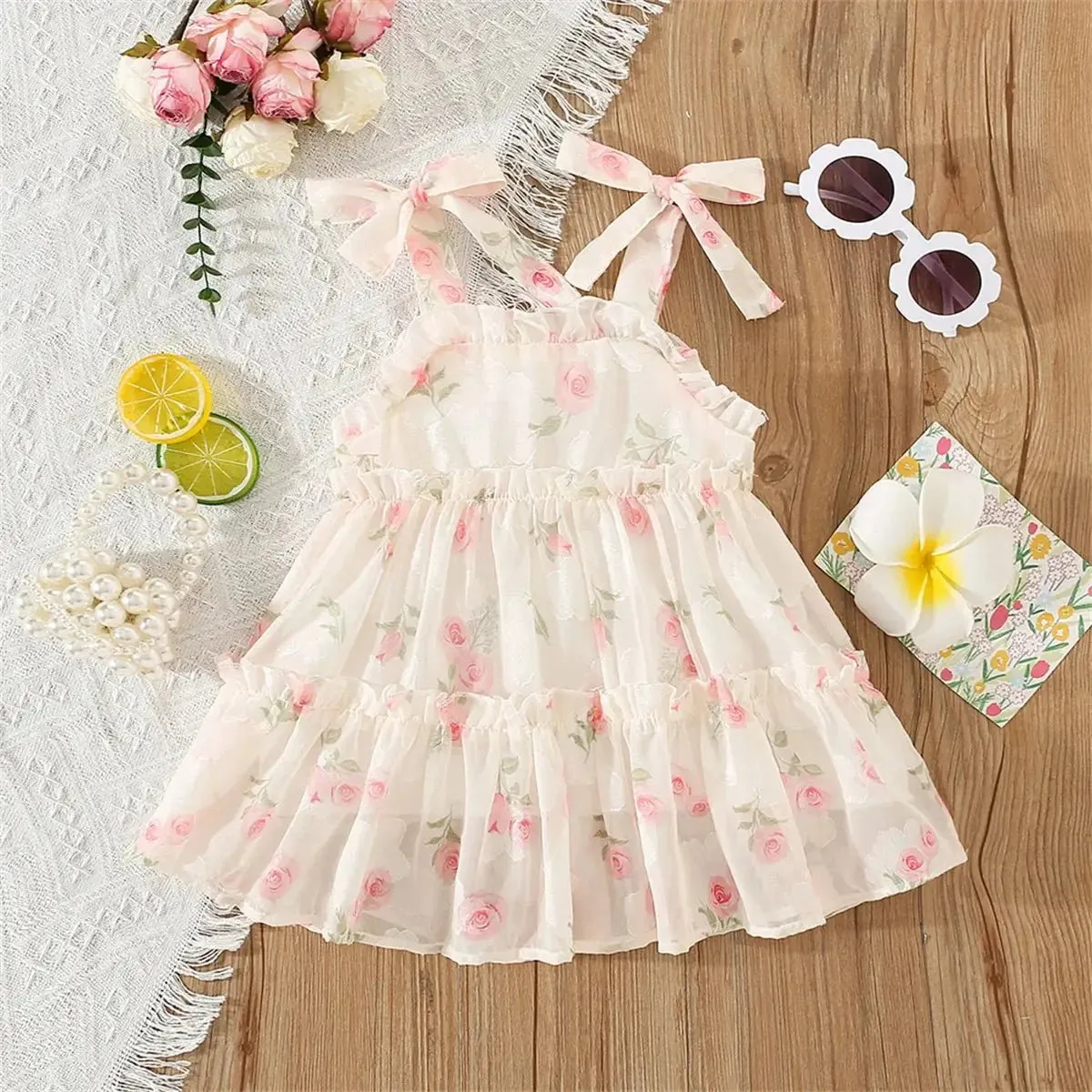 Floral Pink and Beige Bow Tie Ruffle Maxi Dress for Girls