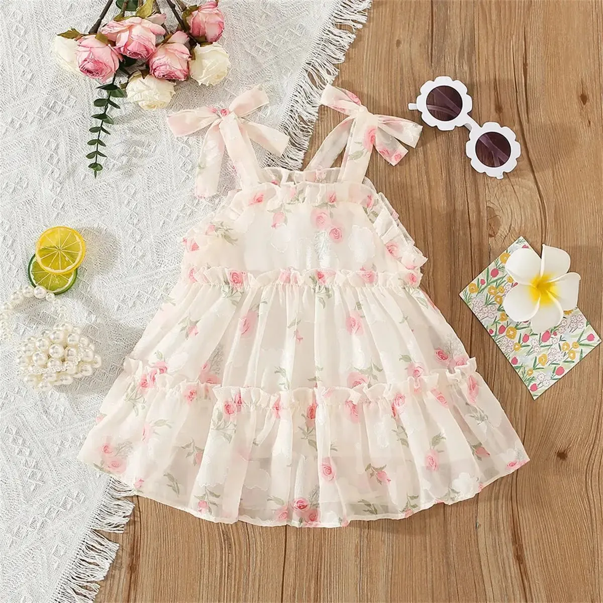 Floral Pink and Beige Bow Tie Ruffle Maxi Dress for Girls