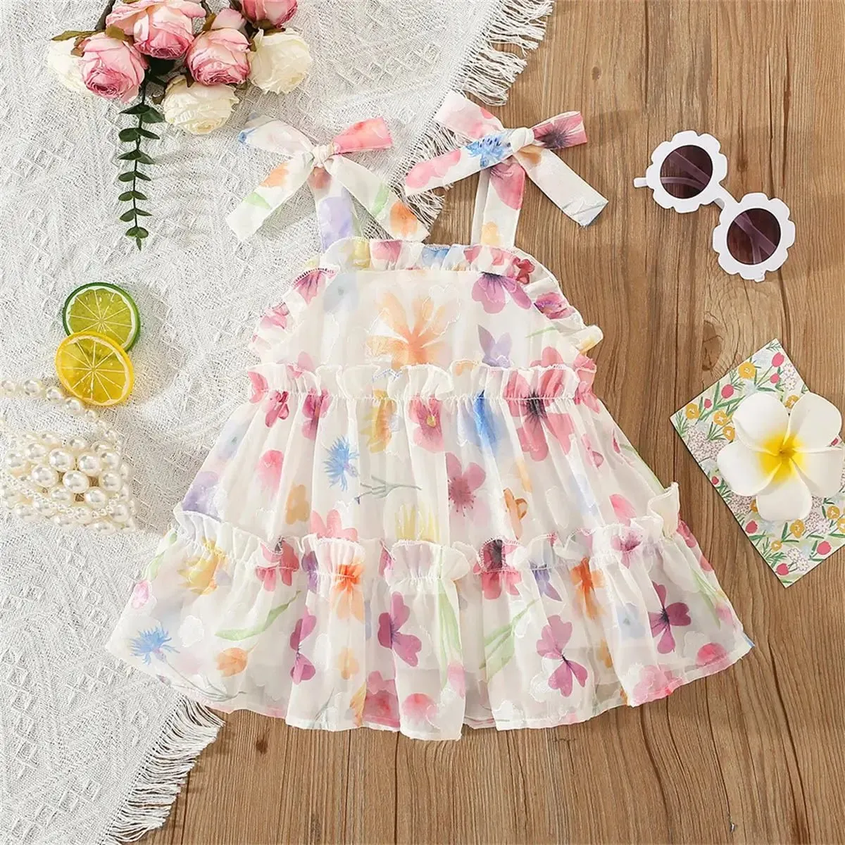 Floral Pink and Beige Bow Tie Ruffle Maxi Dress for Girls