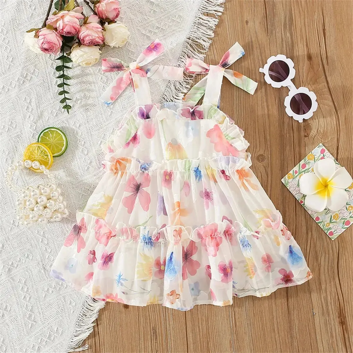 Floral Pink and Beige Bow Tie Ruffle Maxi Dress for Girls