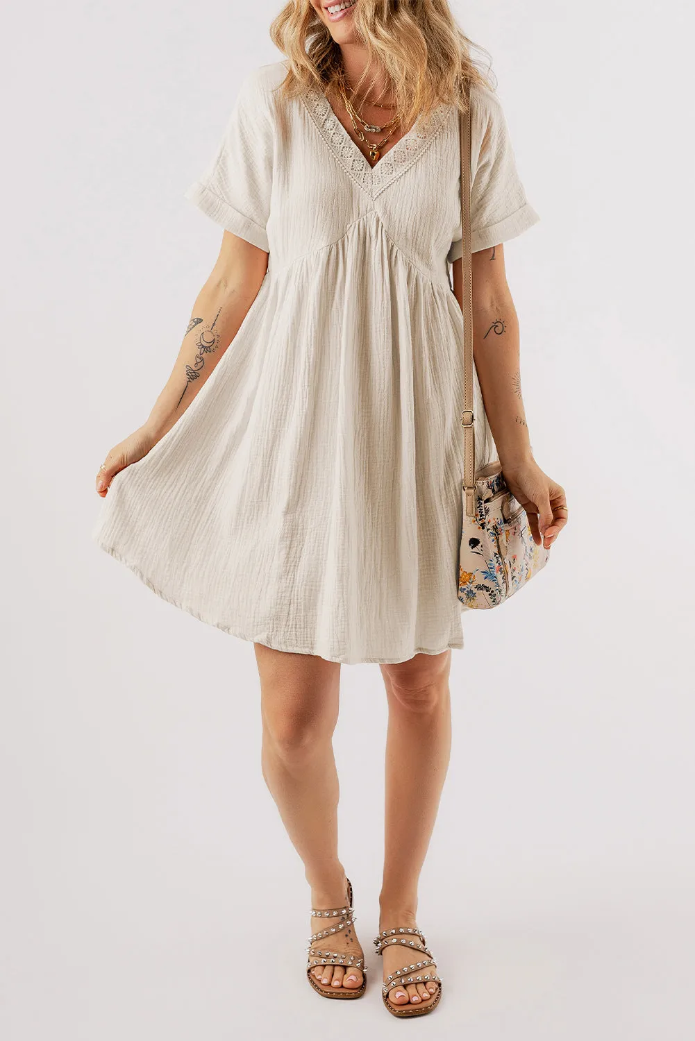 Folded Short Sleeve Lace Mini Dress