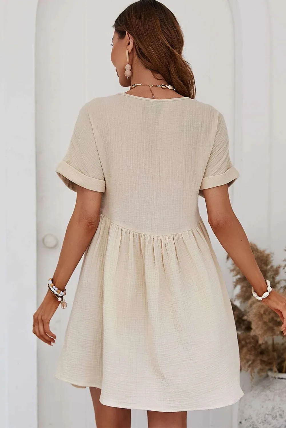 Folded Short Sleeve Lace Mini Dress