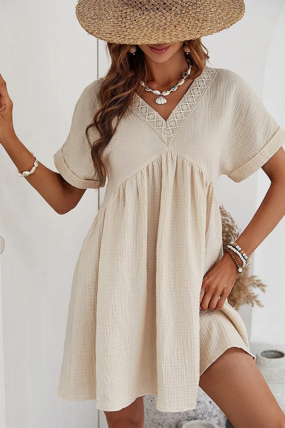 Folded Short Sleeve Lace Mini Dress