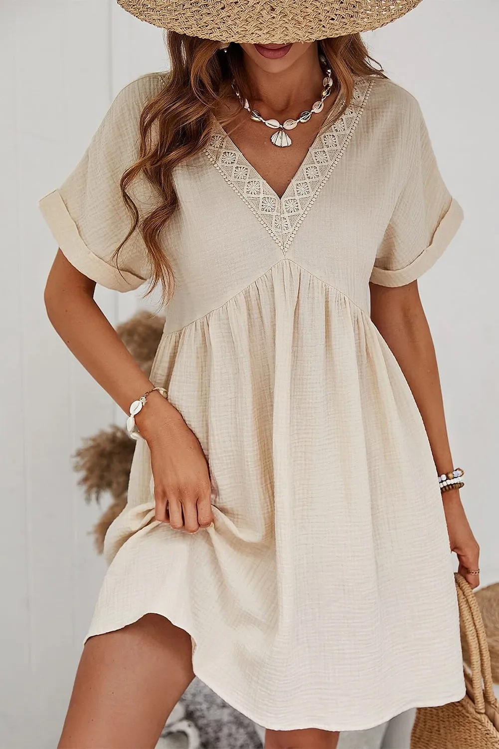 Folded Short Sleeve Lace Mini Dress