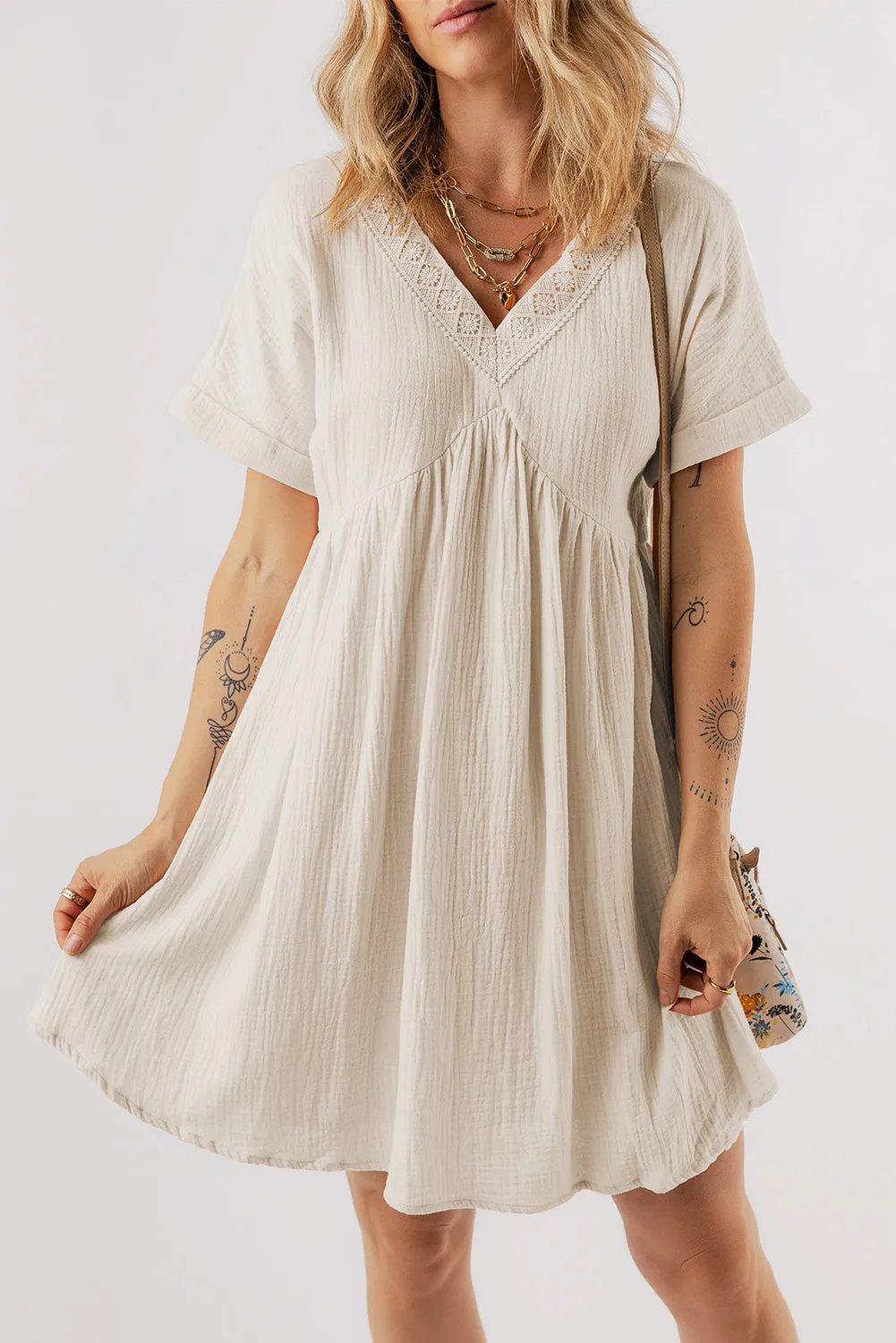 Folded Short Sleeve Lace Mini Dress