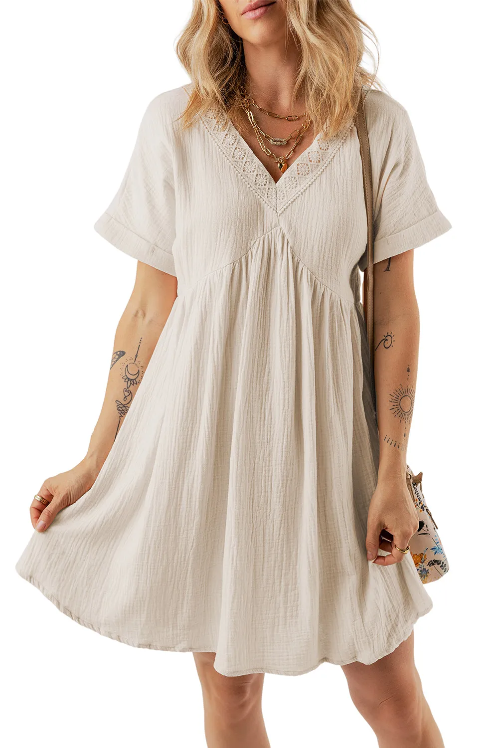 Folded Short Sleeve Lace Mini Dress