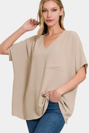 Full Size Texture V-Neck Short Sleeve Top