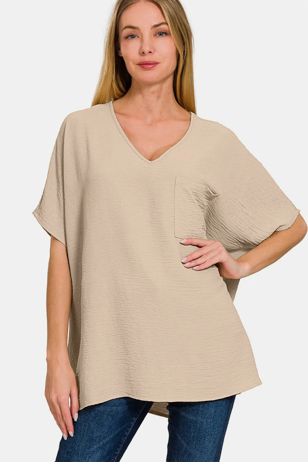 Full Size Texture V-Neck Short Sleeve Top