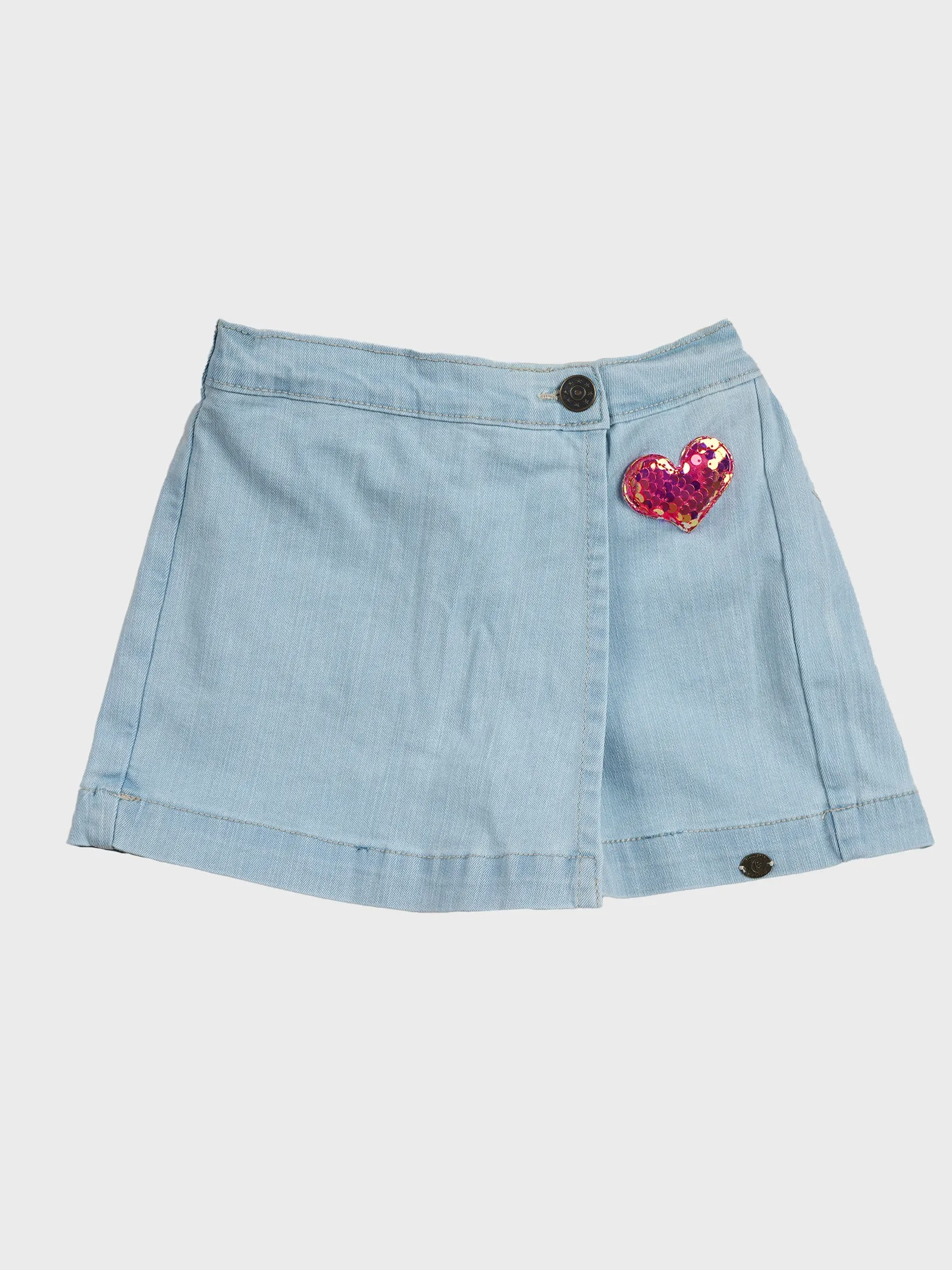 Girls Denim Over Lap Shorts With Sequin Heart Applique