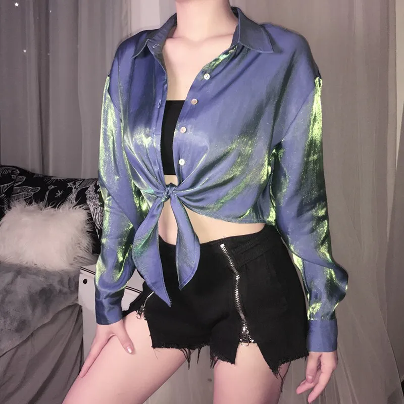 Glitter Korean Style Oversized Turn-Down Collar Single-Breasted Bandage Crop Top Long Sleeve