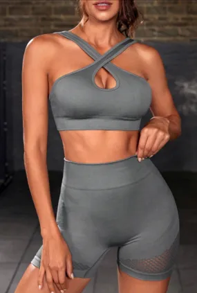 Gray Cross Straps Cutout Bra and High Waist Yoga Short Set