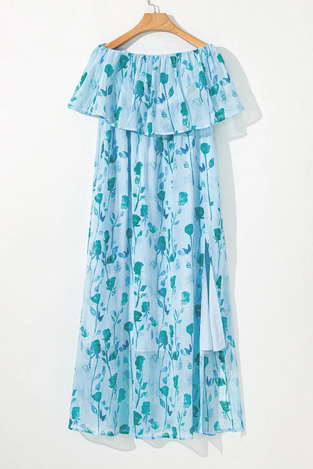 Green Floral Print Ruffled Side Slit Tube Top Maxi Dress