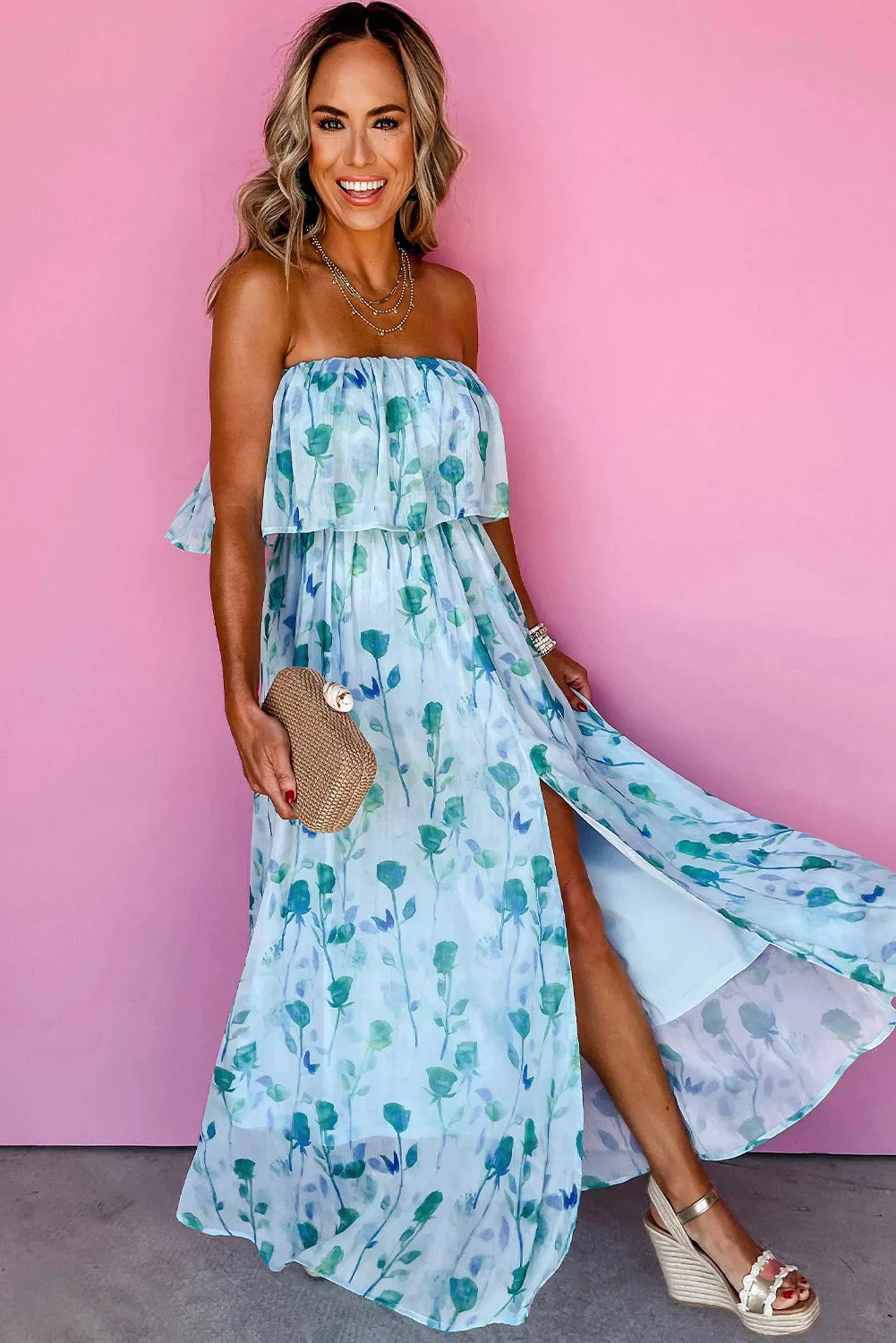 Green Floral Print Ruffled Side Slit Tube Top Maxi Dress