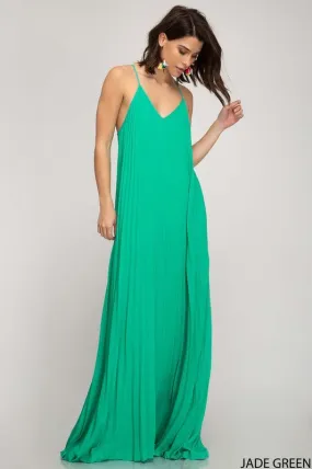 Green Pleated Woven Maxi Dress