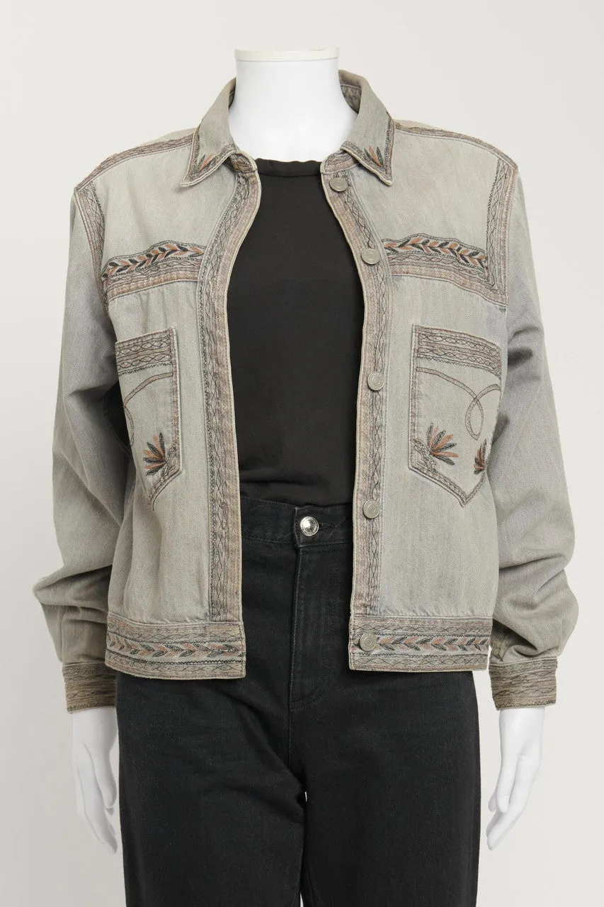 Grey/Blue Washed Out Denim Jacket with Embroidery Details