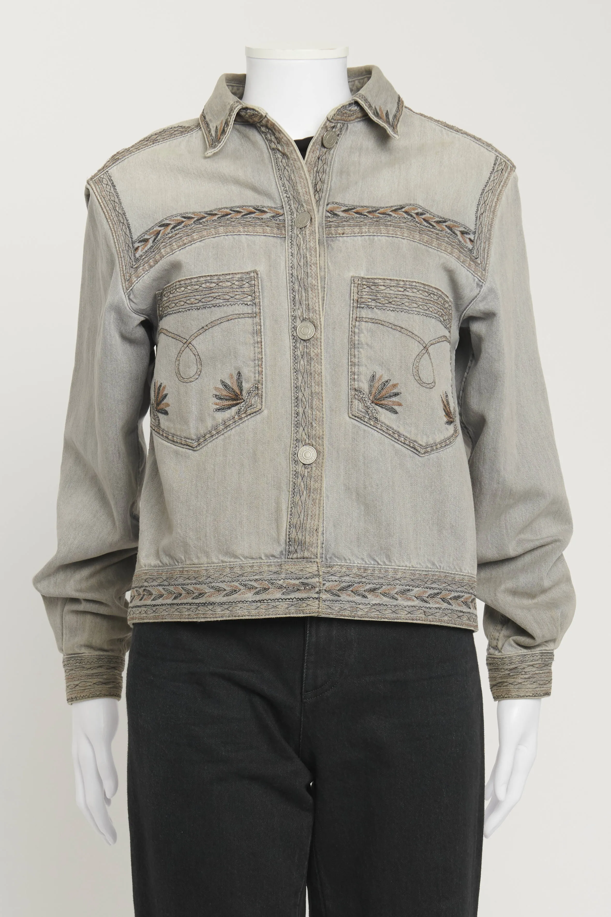 Grey/Blue Washed Out Denim Jacket with Embroidery Details