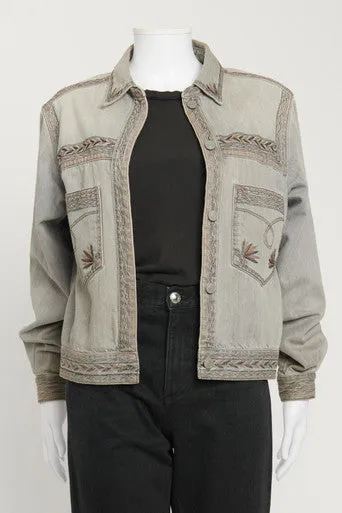 Grey/Blue Washed Out Denim Jacket with Embroidery Details