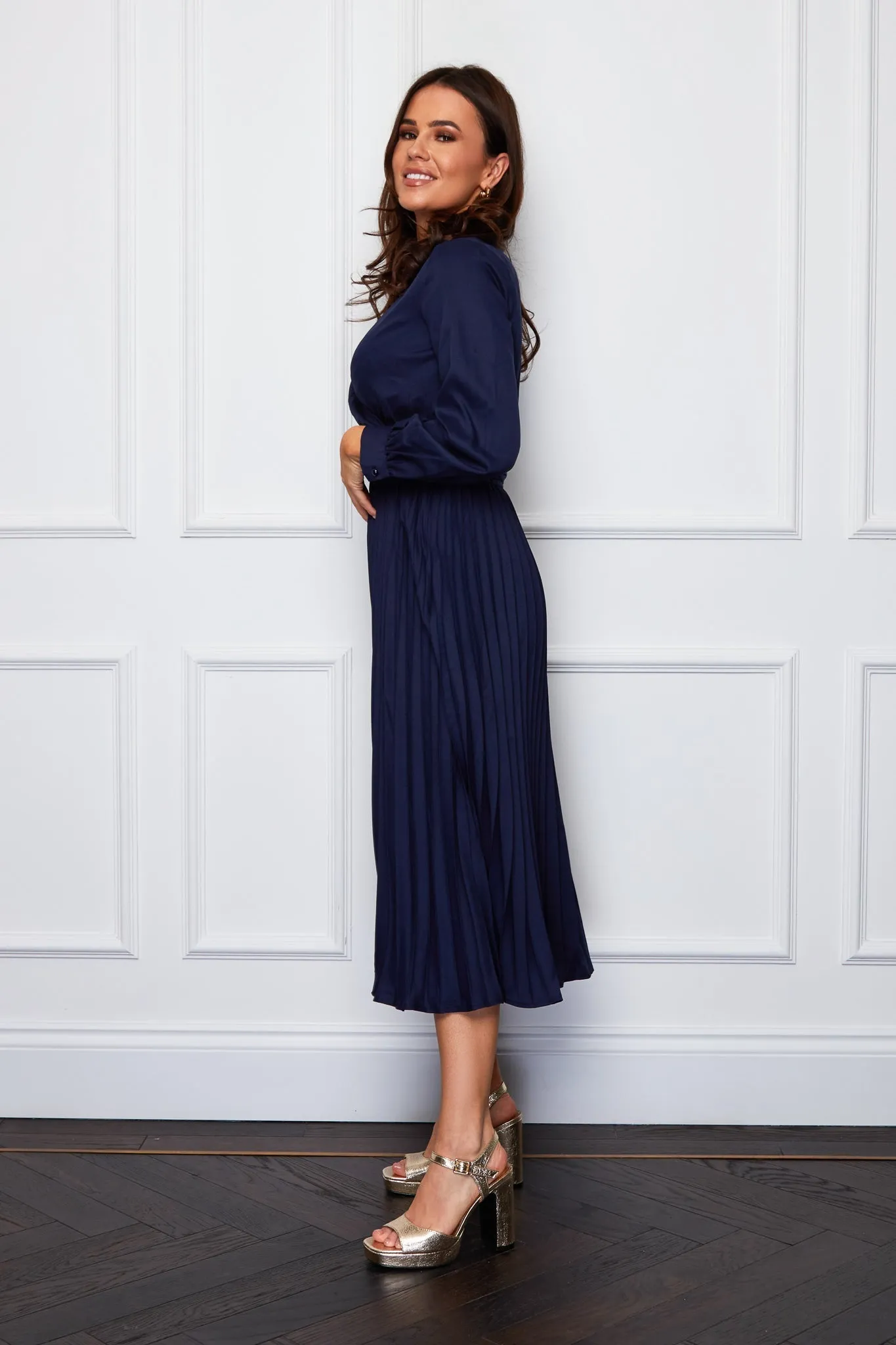 Heidi Navy Pleated Skirt Belted Midi Dress