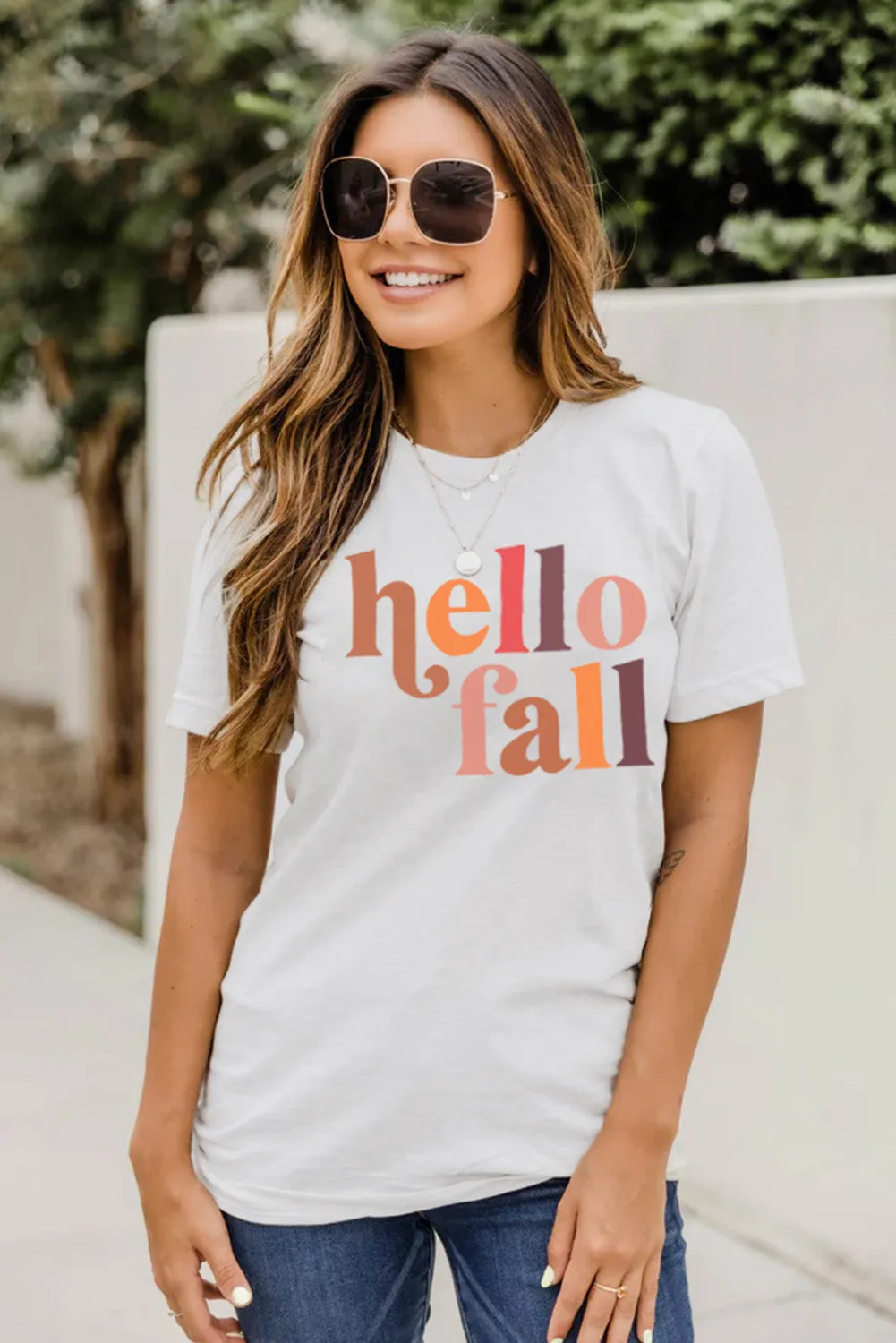 Hello Fall Letter Print Crew Neck Graphic Tee