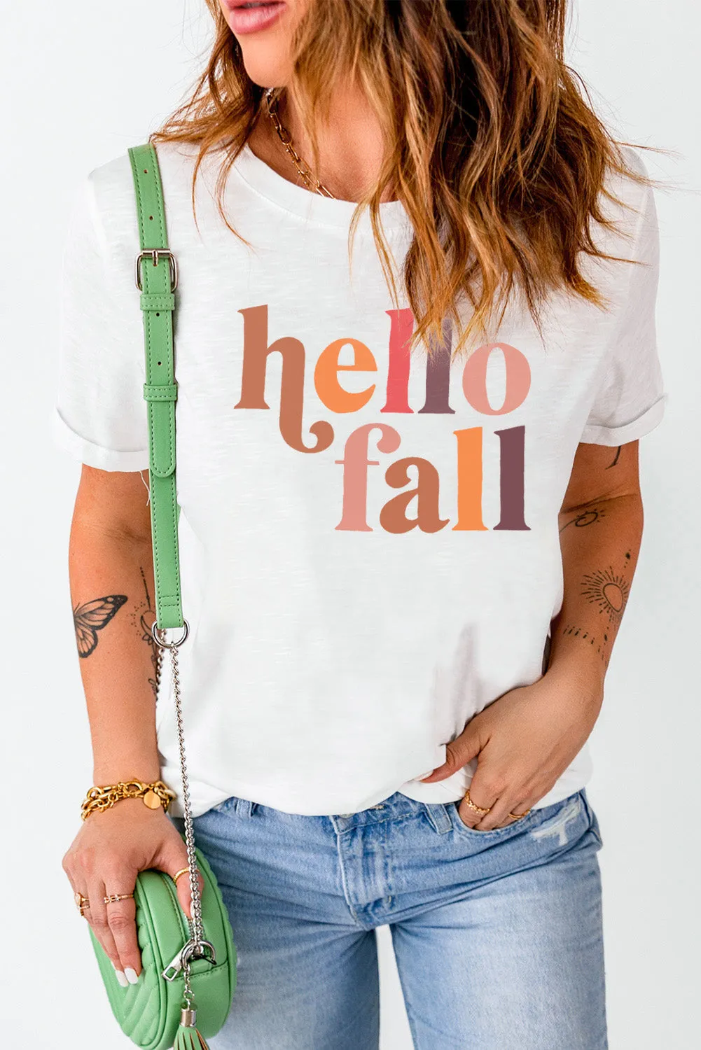 Hello Fall Letter Print Crew Neck Graphic Tee