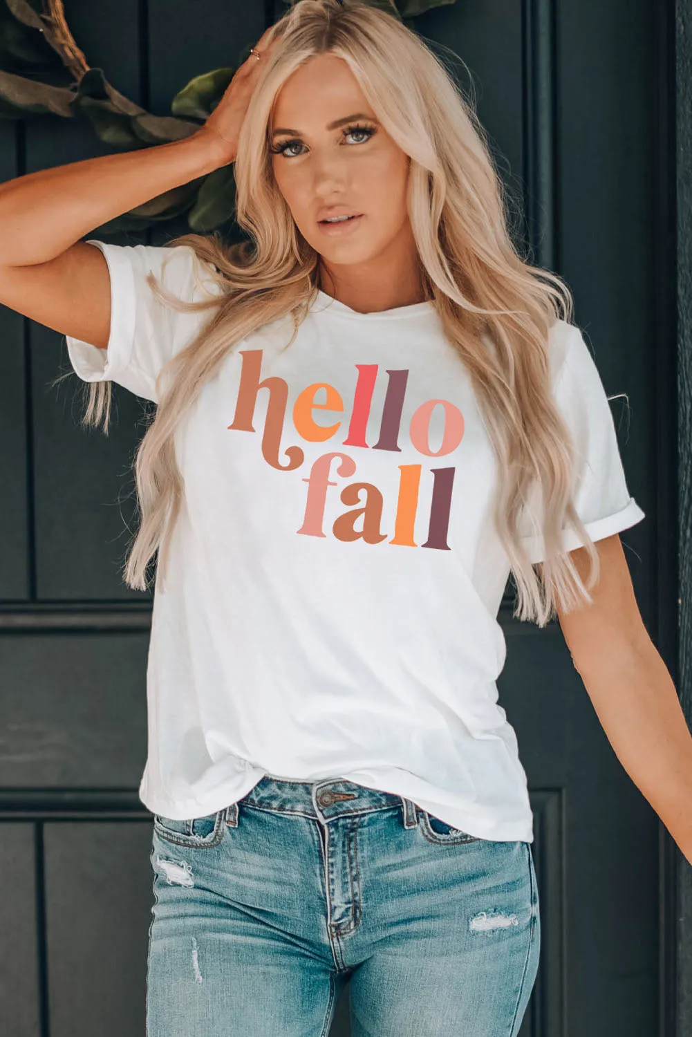 Hello Fall Letter Print Crew Neck Graphic Tee