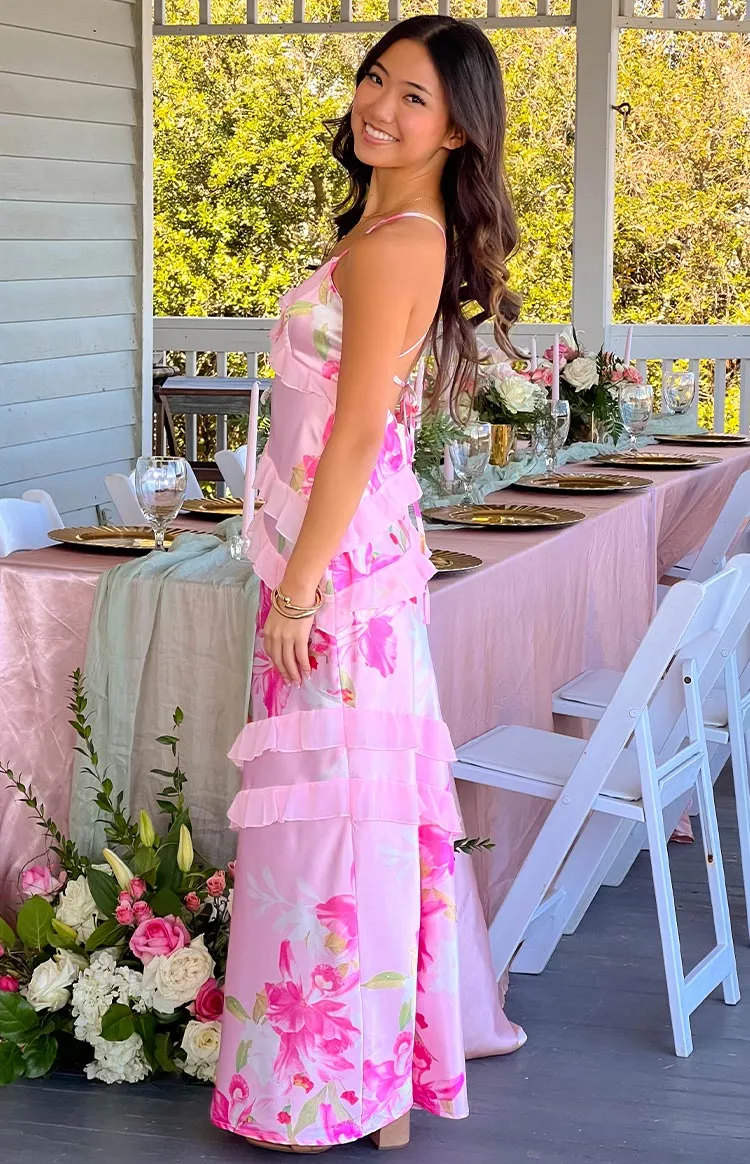 Inara Pink Floral Print Ruffle Maxi Dress