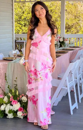 Inara Pink Floral Print Ruffle Maxi Dress