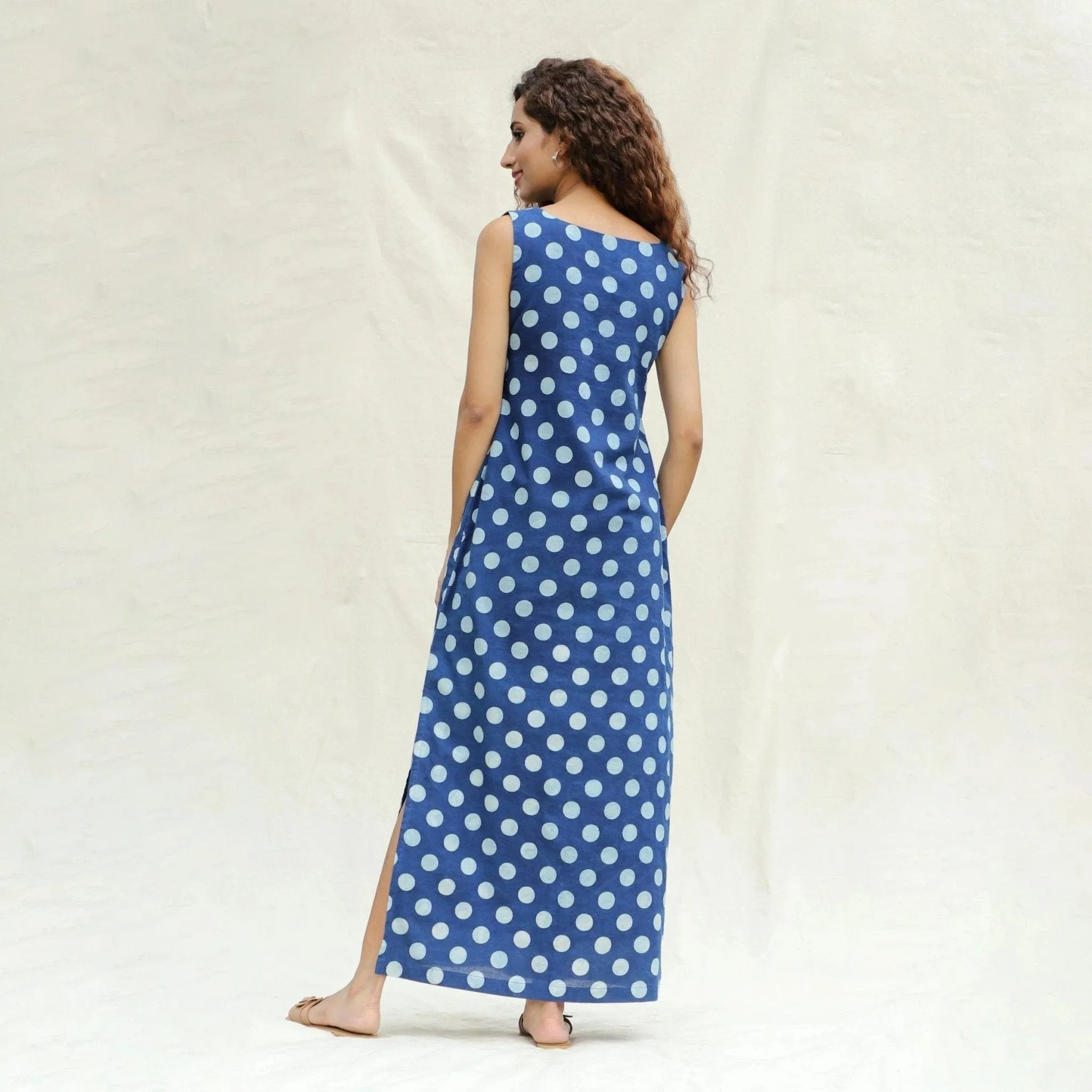 Indigo Polka Dot Block Printed Cotton Ankle Length Shift Dress