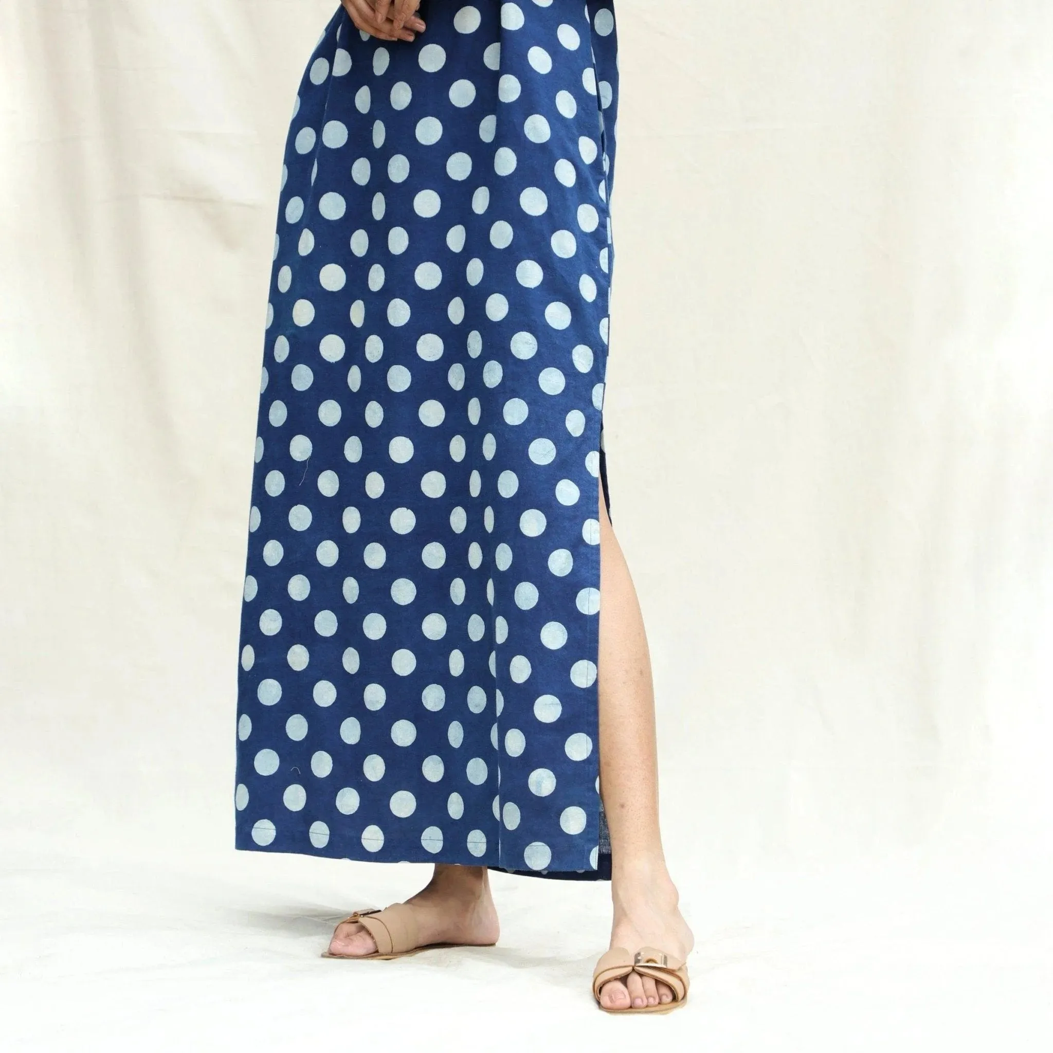 Indigo Polka Dot Block Printed Cotton Ankle Length Shift Dress