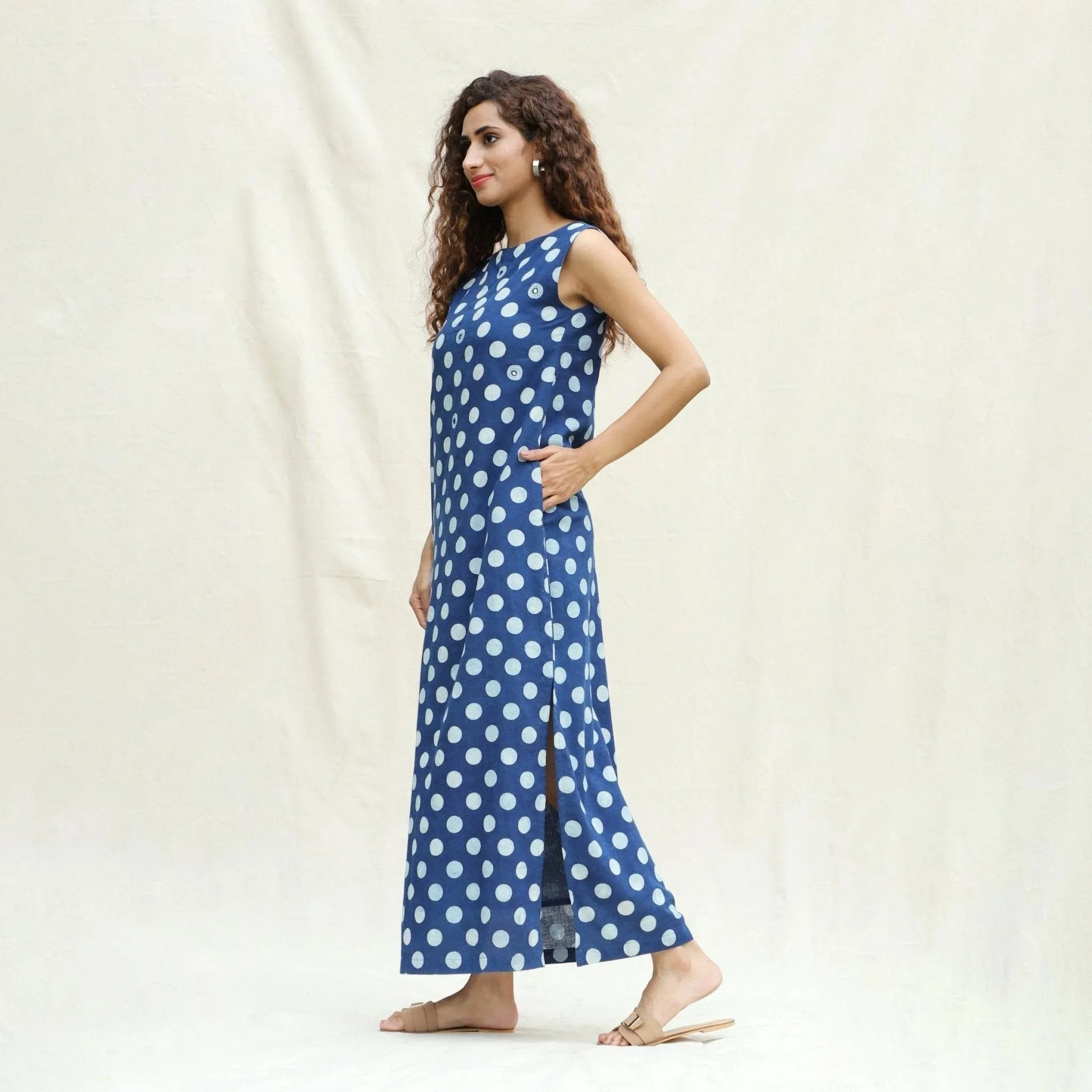 Indigo Polka Dot Block Printed Cotton Ankle Length Shift Dress