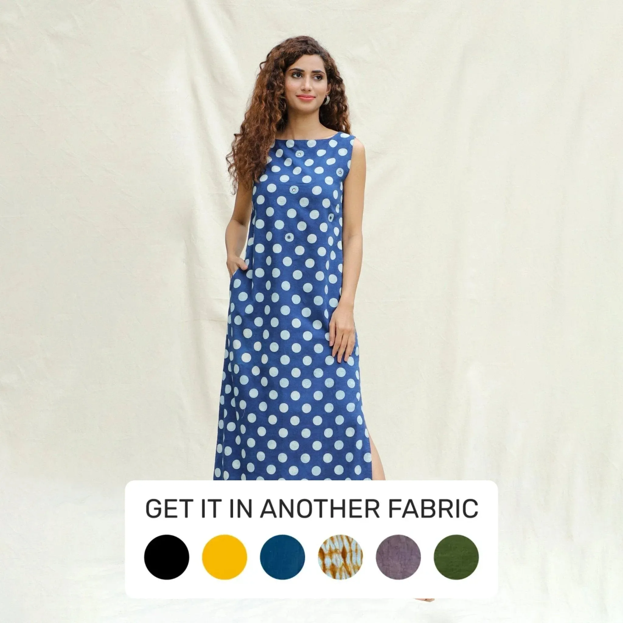 Indigo Polka Dot Block Printed Cotton Ankle Length Shift Dress