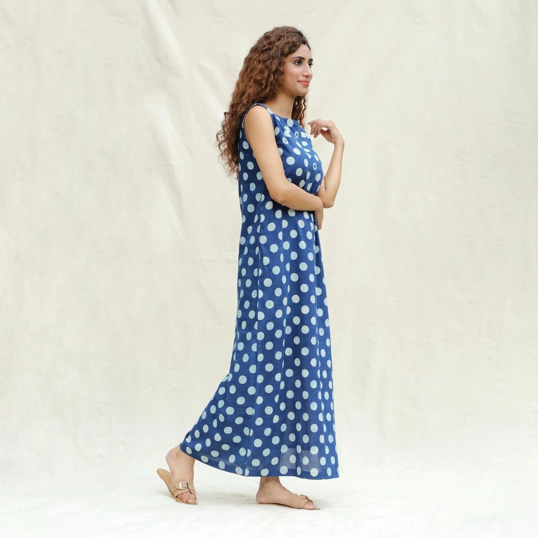 Indigo Polka Dot Block Printed Cotton Ankle Length Shift Dress