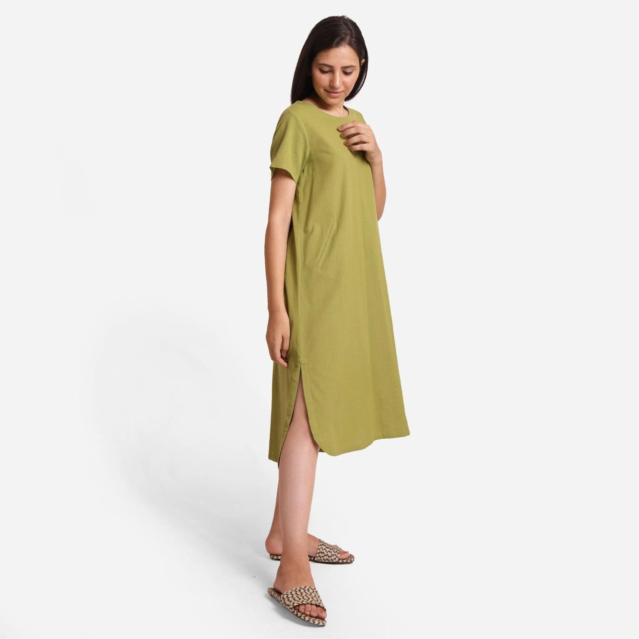 Khaki Green Cotton Flax High-Low Midi Dress