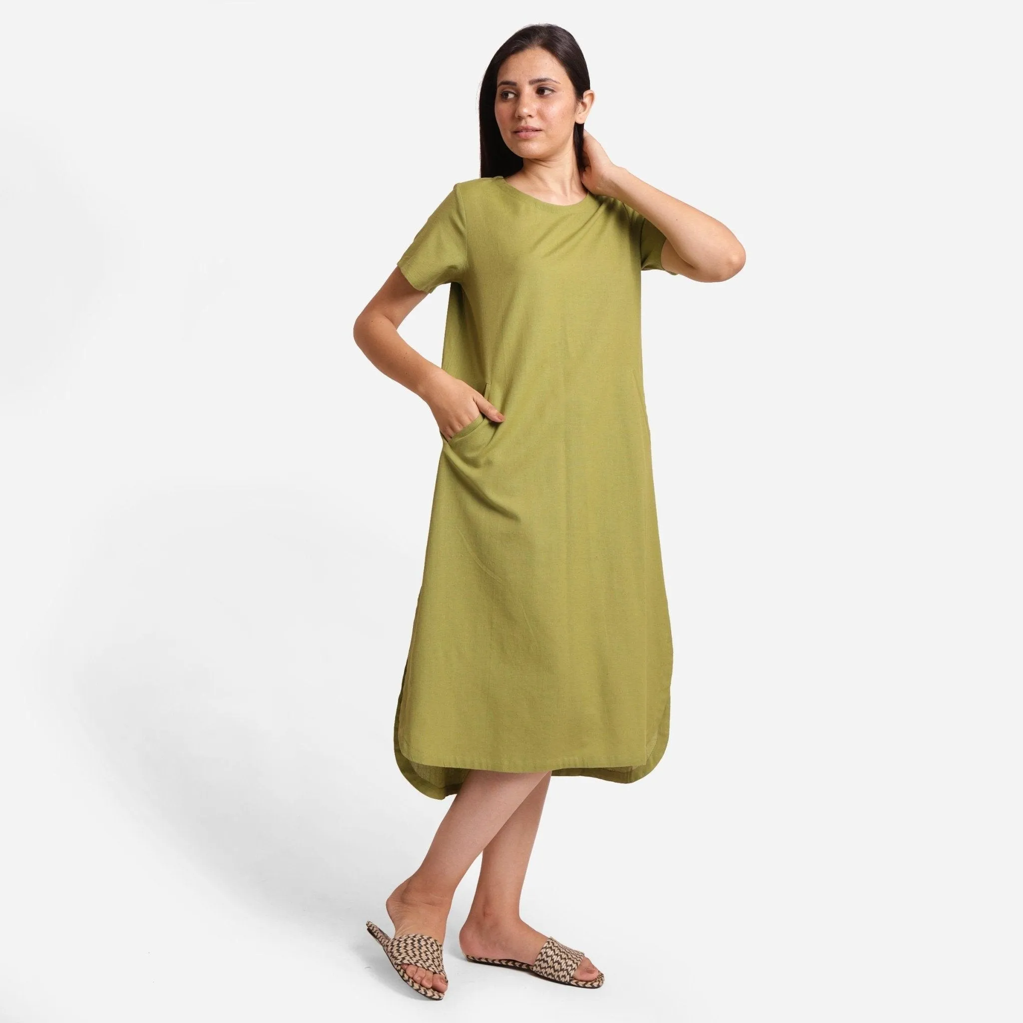 Khaki Green Cotton Flax High-Low Midi Dress