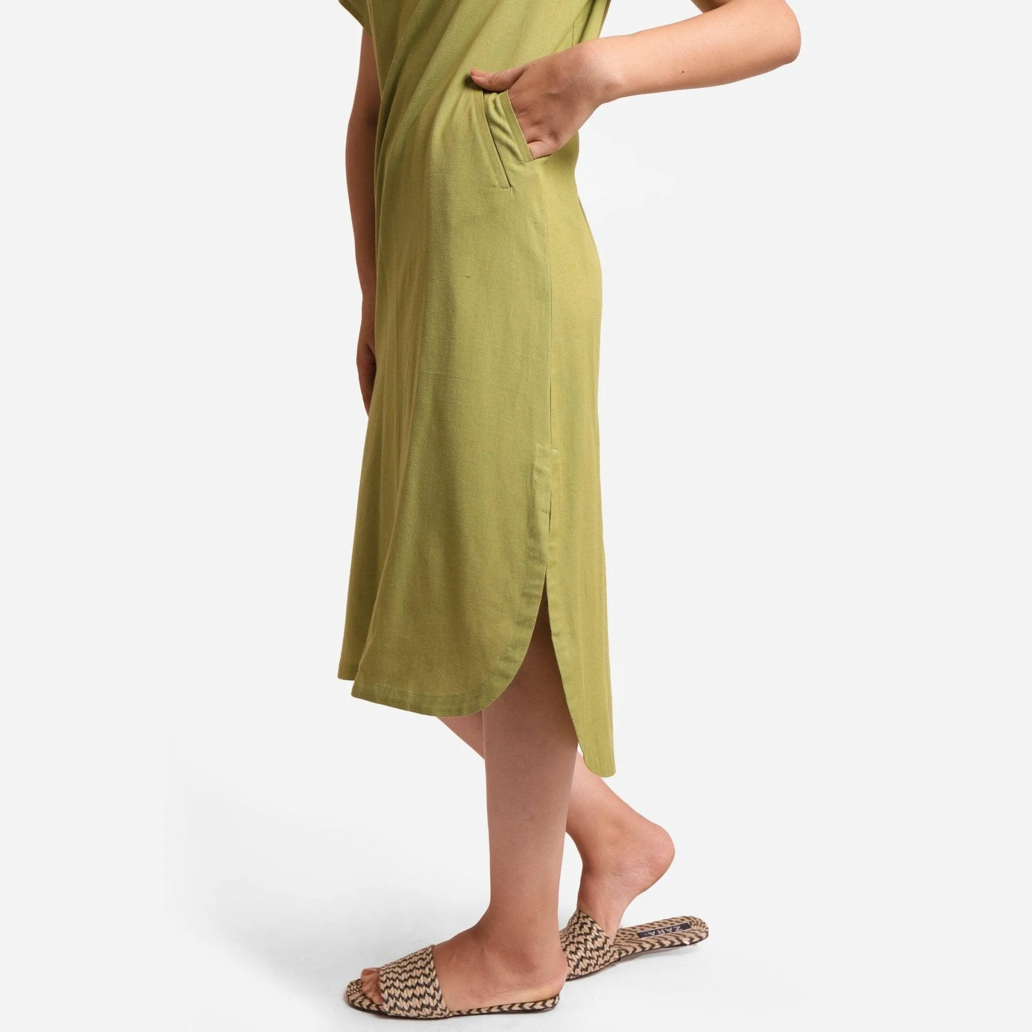 Khaki Green Cotton Flax High-Low Midi Dress