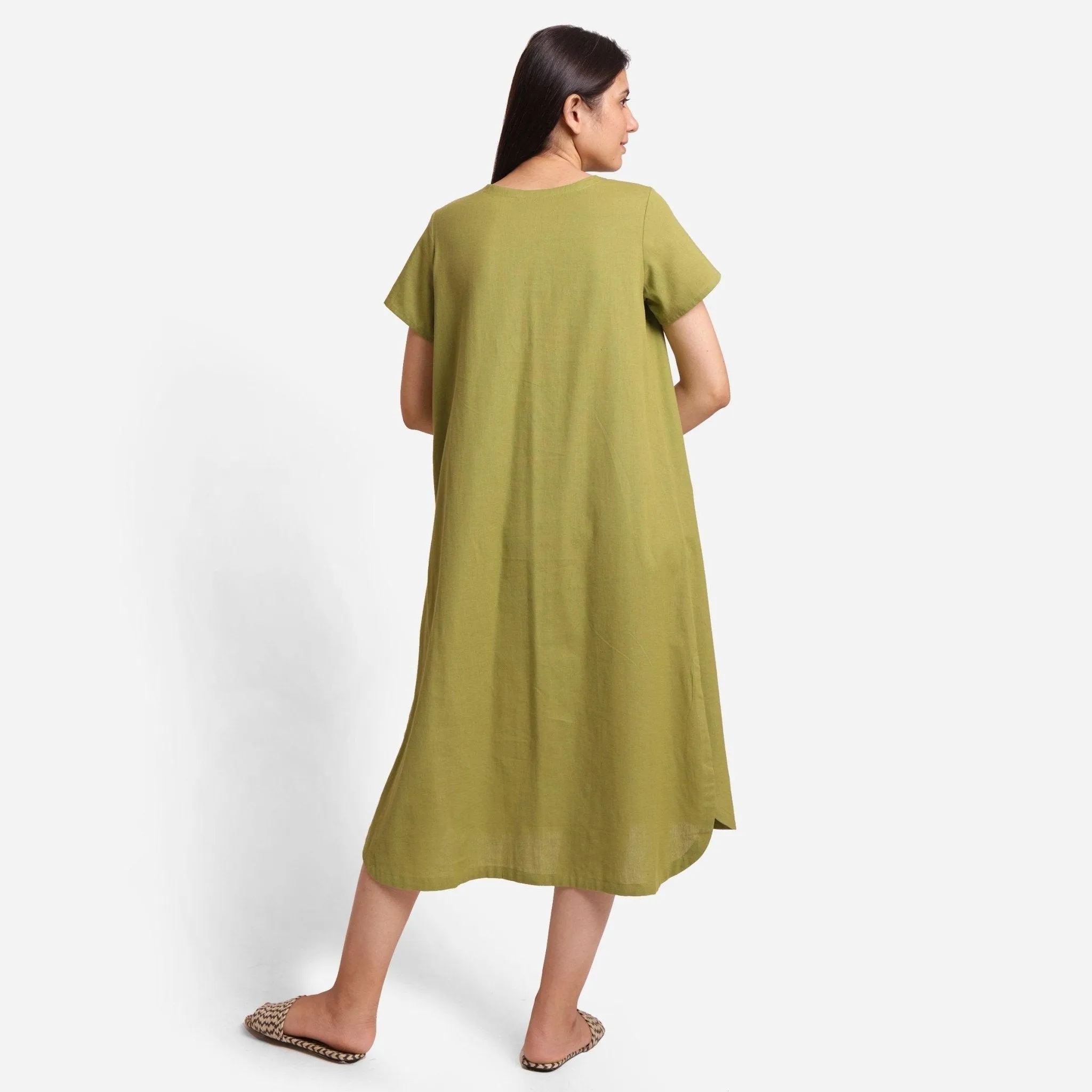 Khaki Green Cotton Flax High-Low Midi Dress