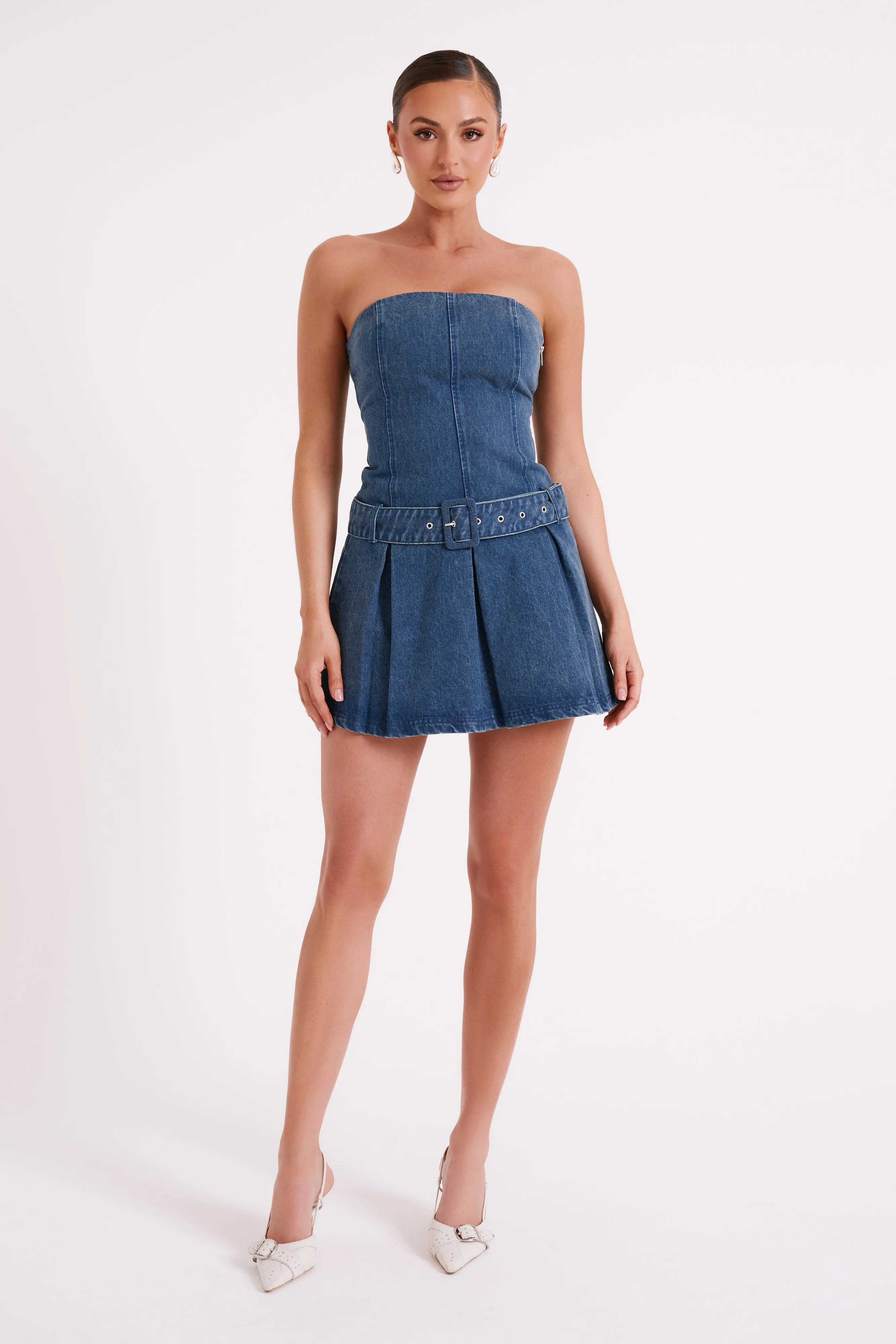 Lee Denim Pleated Mini Dress - Dark Blue