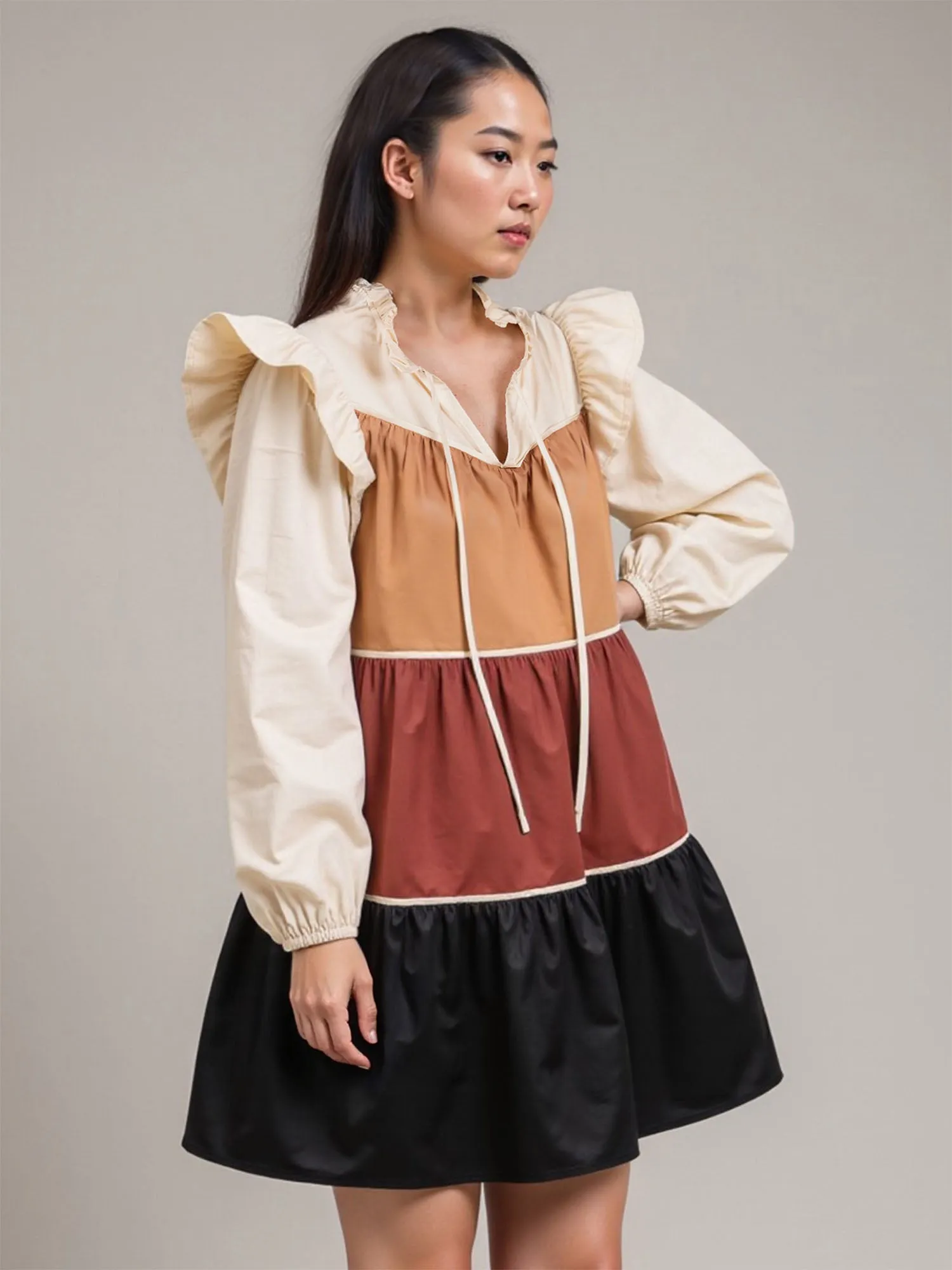 Long Sleeves Colorblock Ruffle Shift Mini Dress